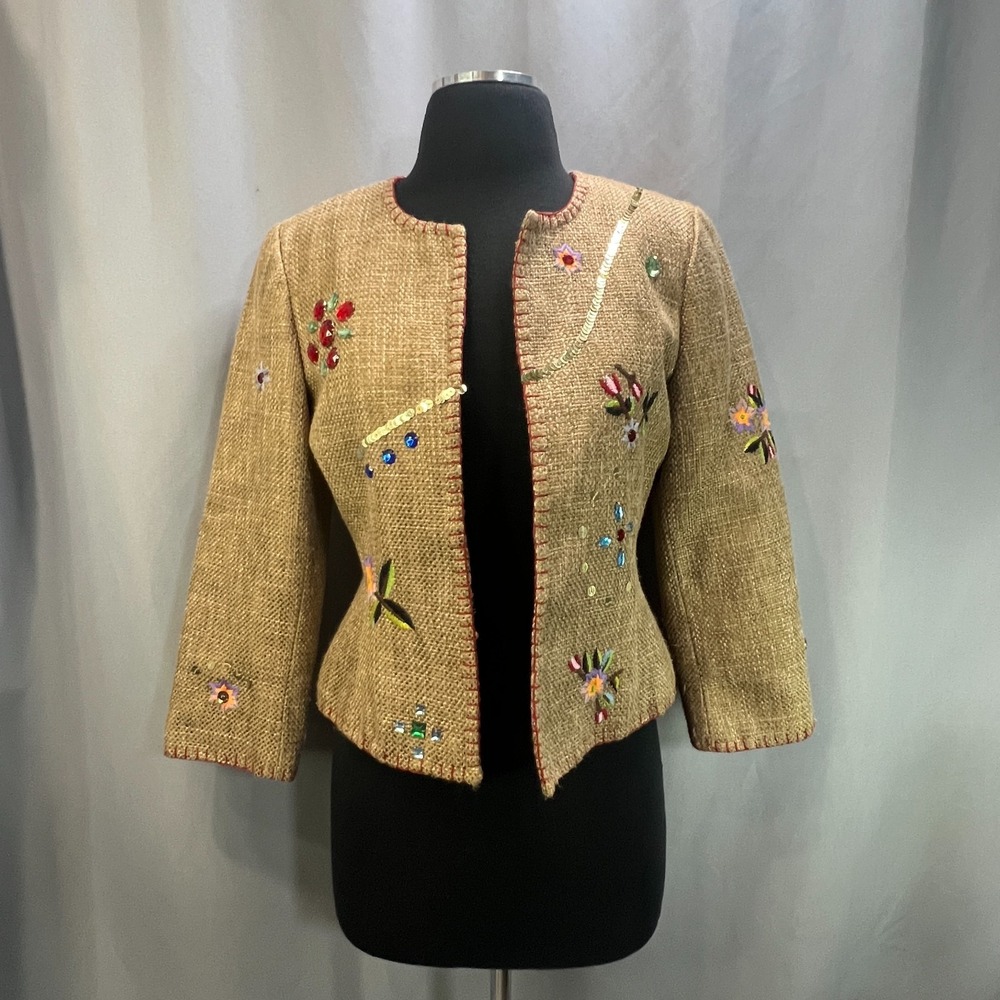 Focus 2000 burlap lined Open Front Jacket Women 6 Petite Beige Sequin Embroidery